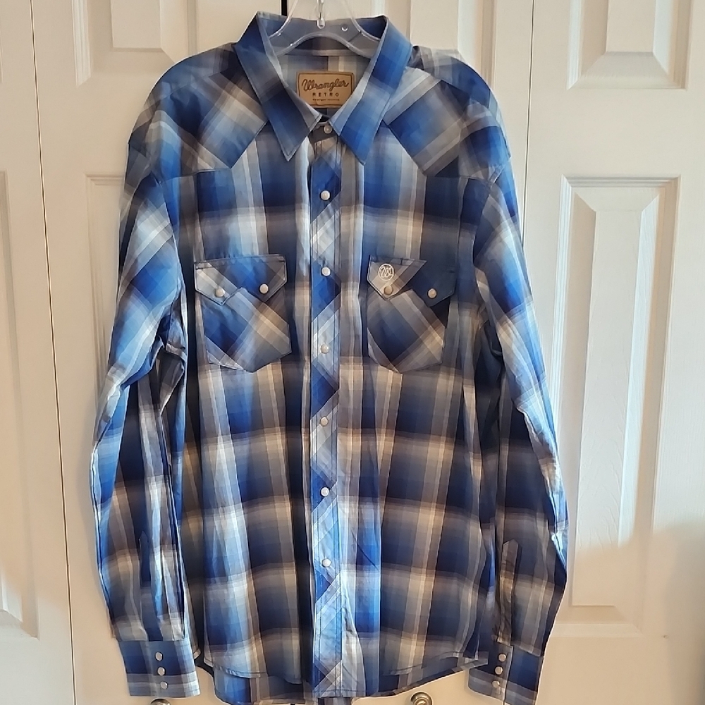 Wrangler Retro Western Plaid Pearl Snap Blue Long Sleeve Shirt